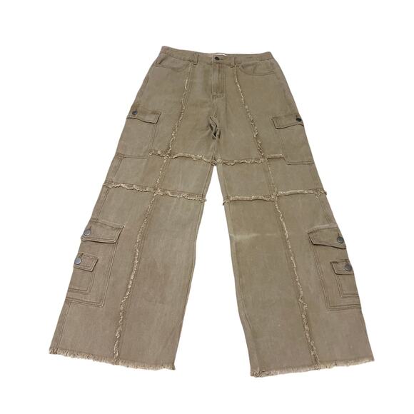 POL Wide Leg Soft 100% Cotton Boho Cargo Jeans Tan Size M FWP64 Creamy Coffee - Picture 1 of 7